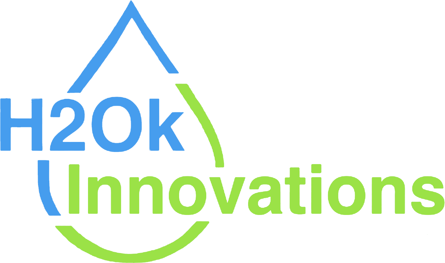 Logo with a blue water droplet shape and the text "H2Ok" in blue, next to the word "Innovations" in green.